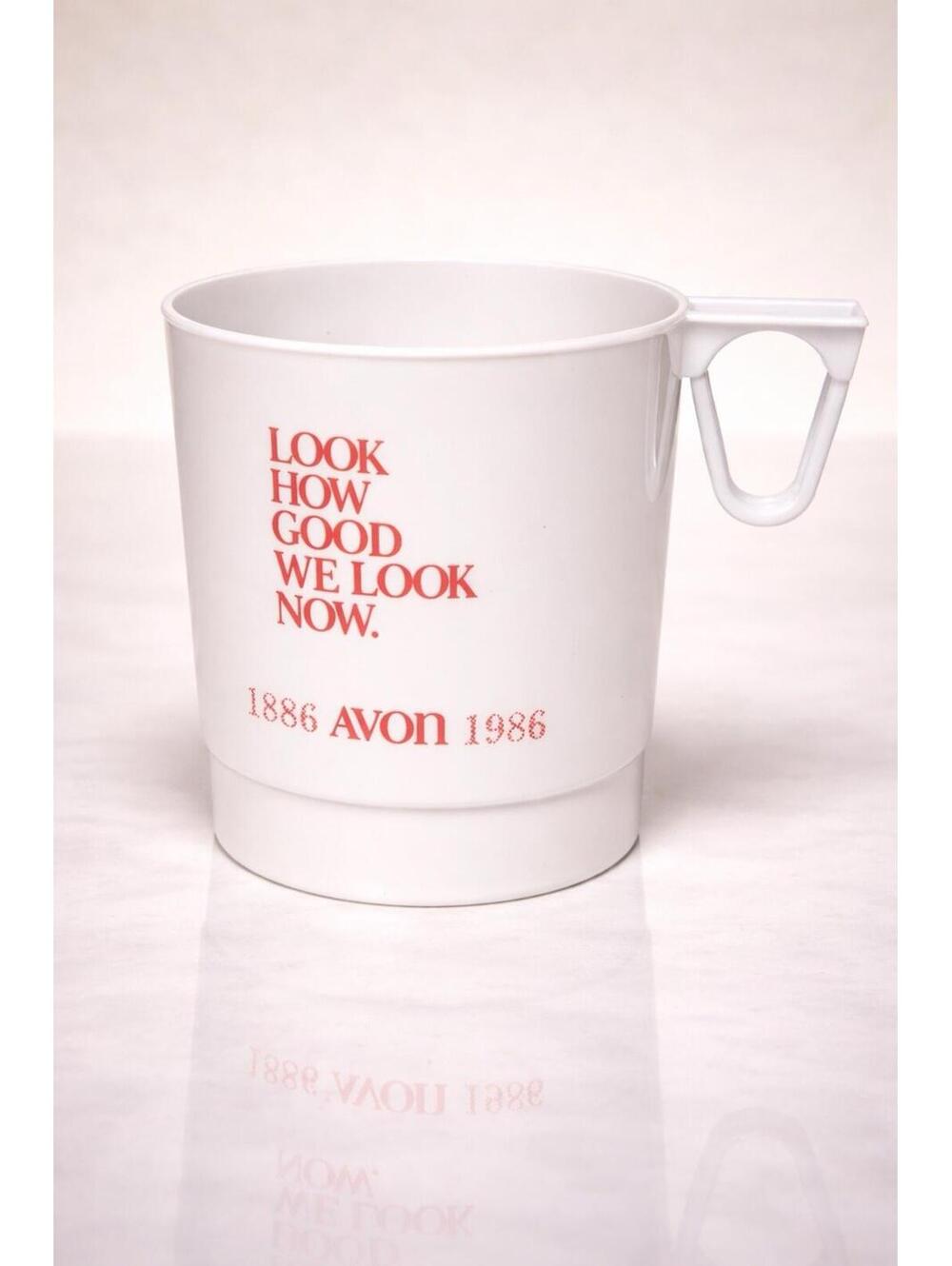 Avon 1986 Promotional Plastic Mug “Look How Good We Look Now”, 3x3”